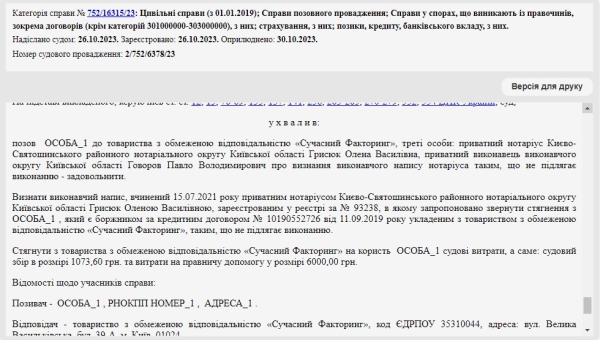Справа № 752/16315/23: Скасували виконавчий напис нотаріуса від ТОВ «Сучасний Факторинг»
